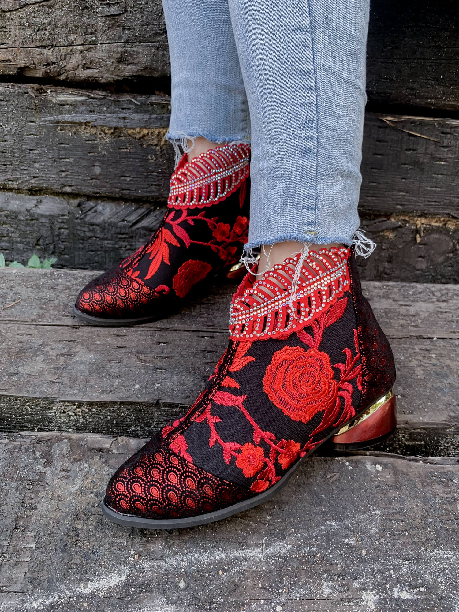 En Bloom | Rhinestone Ankle Floral-Embroidered Boot - Red