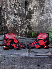 En Bloom | Rhinestone Ankle Floral-Embroidered Boot - Red