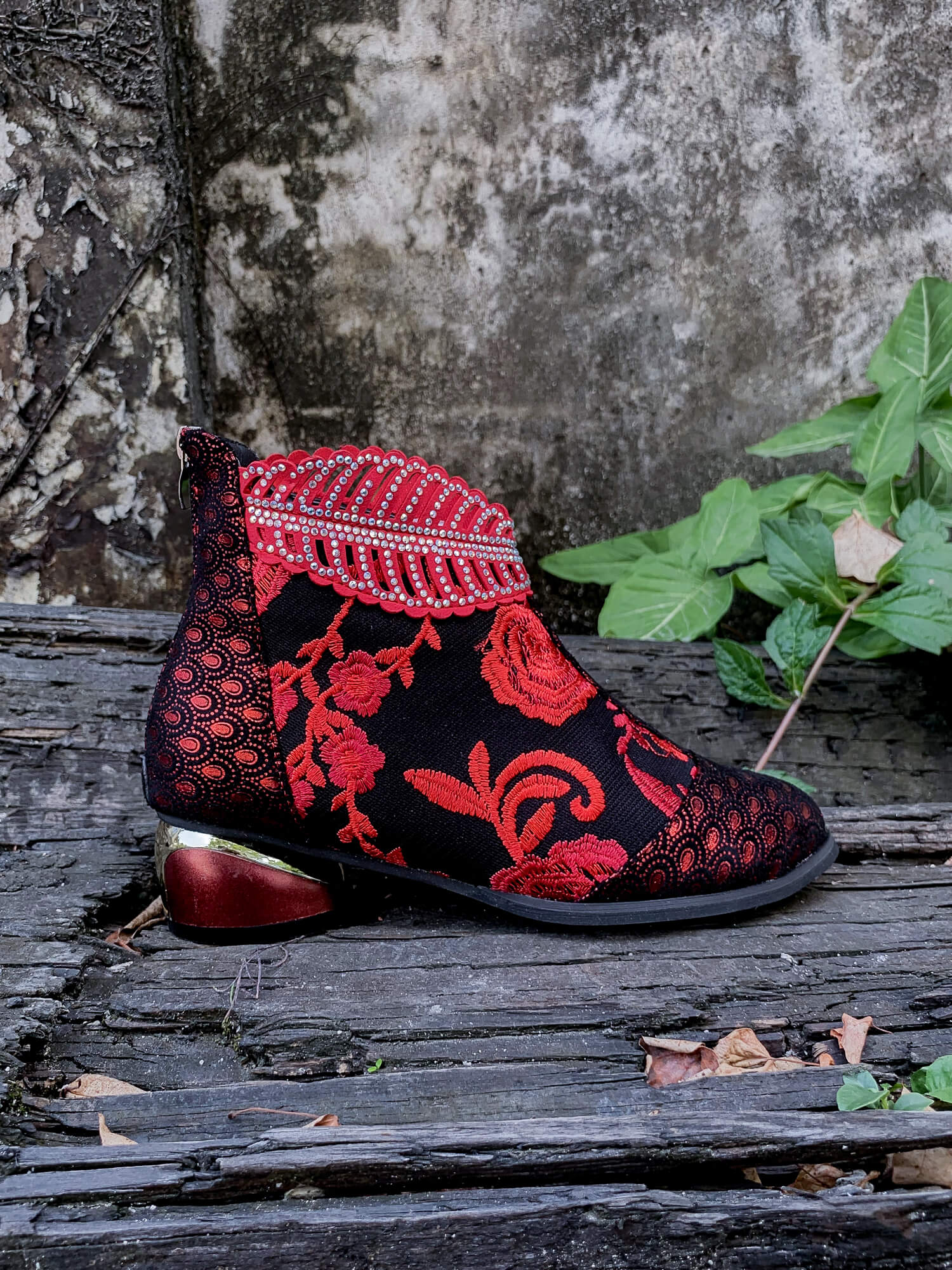 En Bloom | Rhinestone Ankle Floral-Embroidered Boot - Red