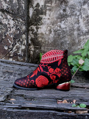 En Bloom | Rhinestone Ankle Floral-Embroidered Boot - Red