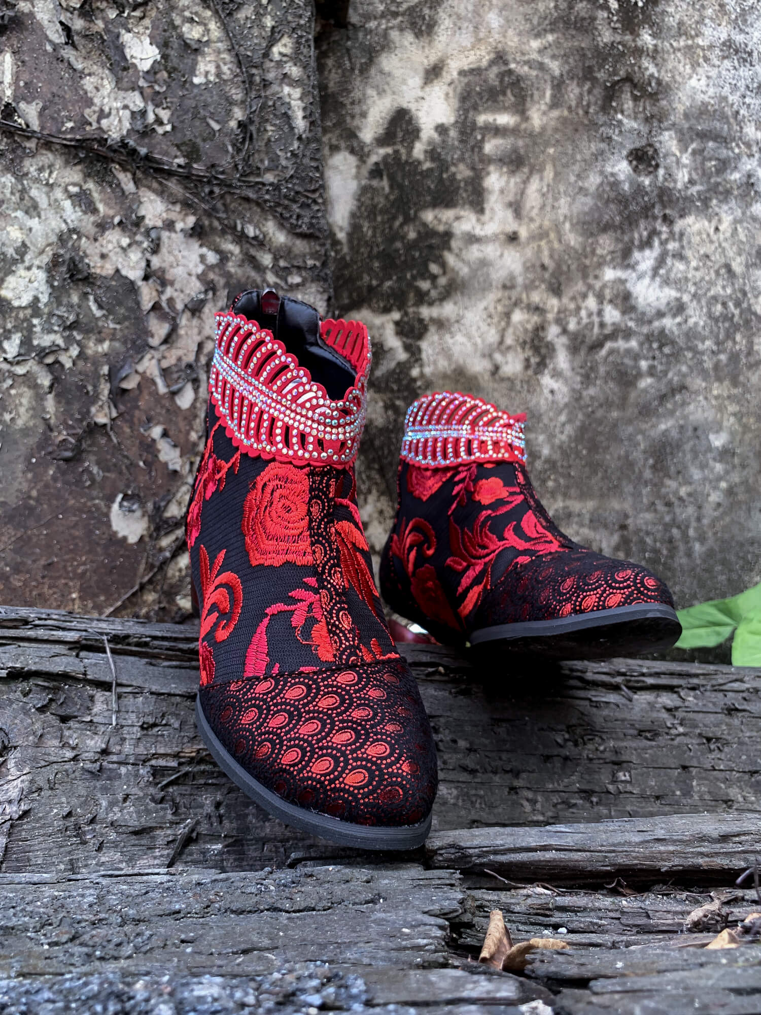 En Bloom | Rhinestone Ankle Floral-Embroidered Boot - Red