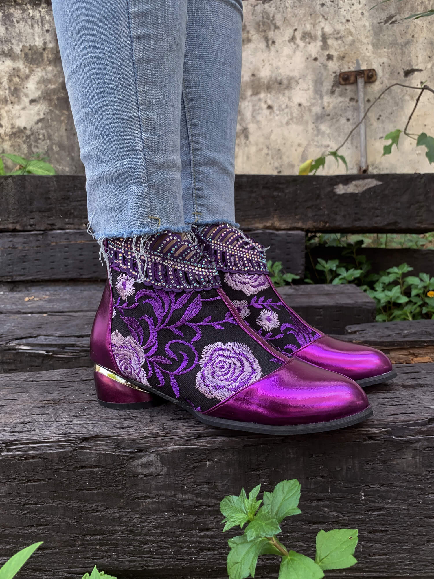 En Bloom | Rhinestone Ankle Floral-Embroidered Boot - Purple