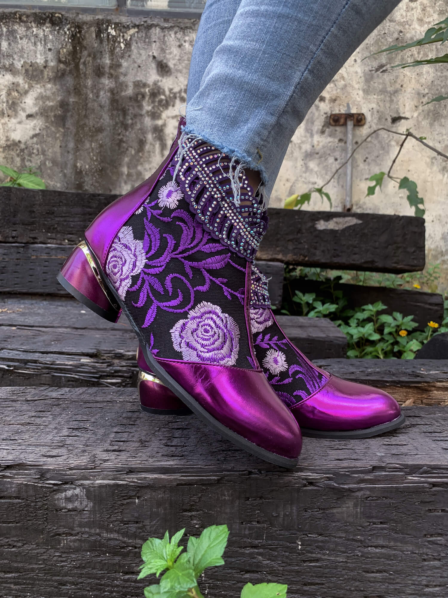 En Bloom | Rhinestone Ankle Floral-Embroidered Boot - Purple