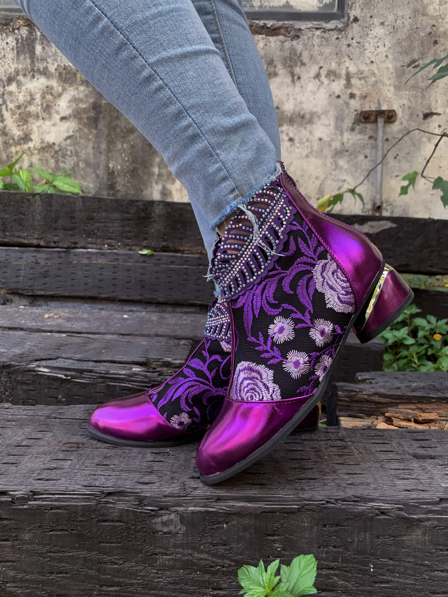 En Bloom | Rhinestone Ankle Floral-Embroidered Boot - Purple