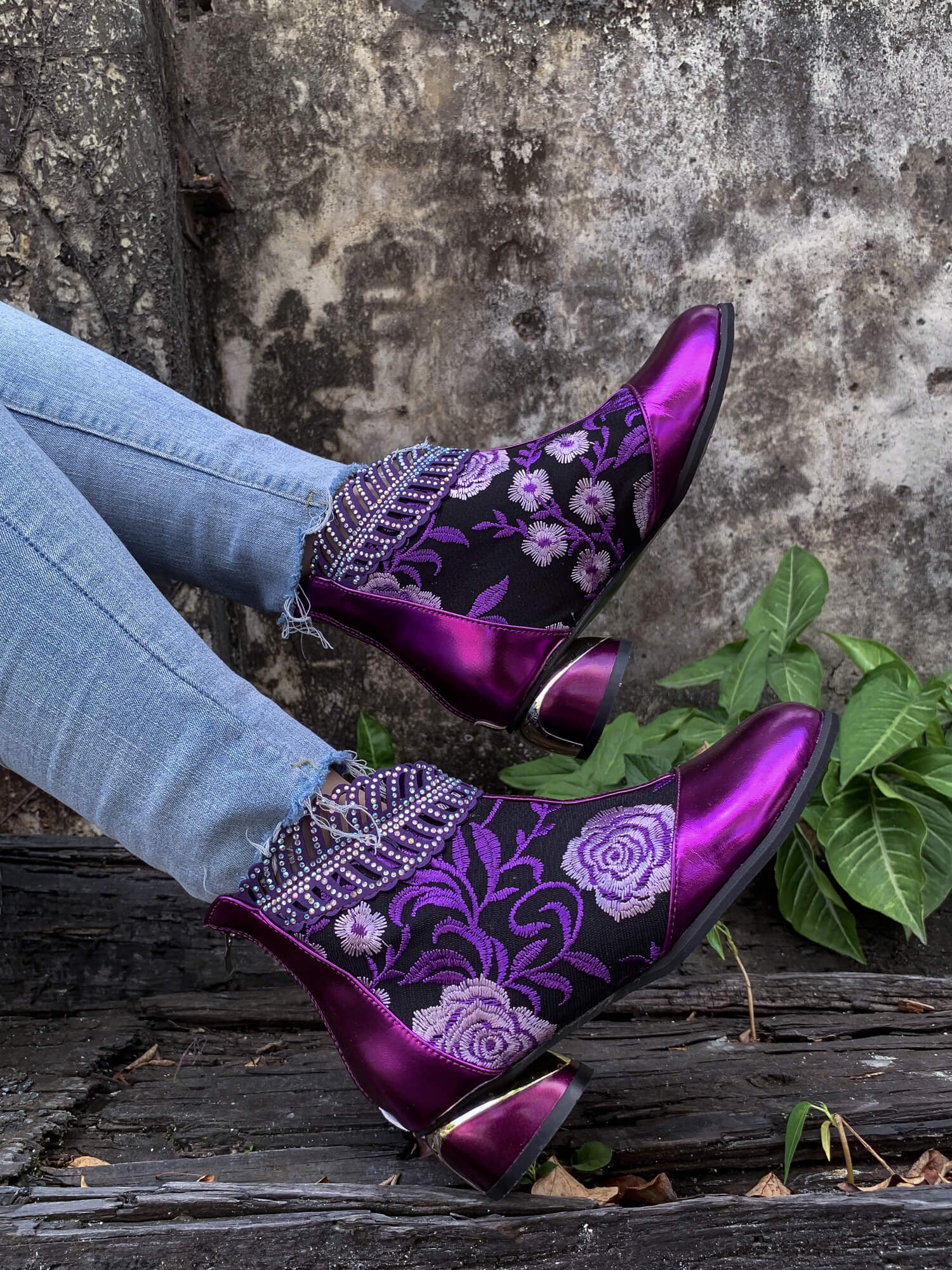 En Bloom | Rhinestone Ankle Floral-Embroidered Boot - Purple