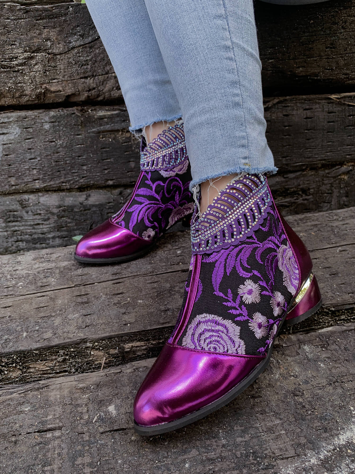 En Bloom | Rhinestone Ankle Floral-Embroidered Boot - Purple