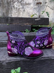 En Bloom | Rhinestone Ankle Floral-Embroidered Boot - Purple