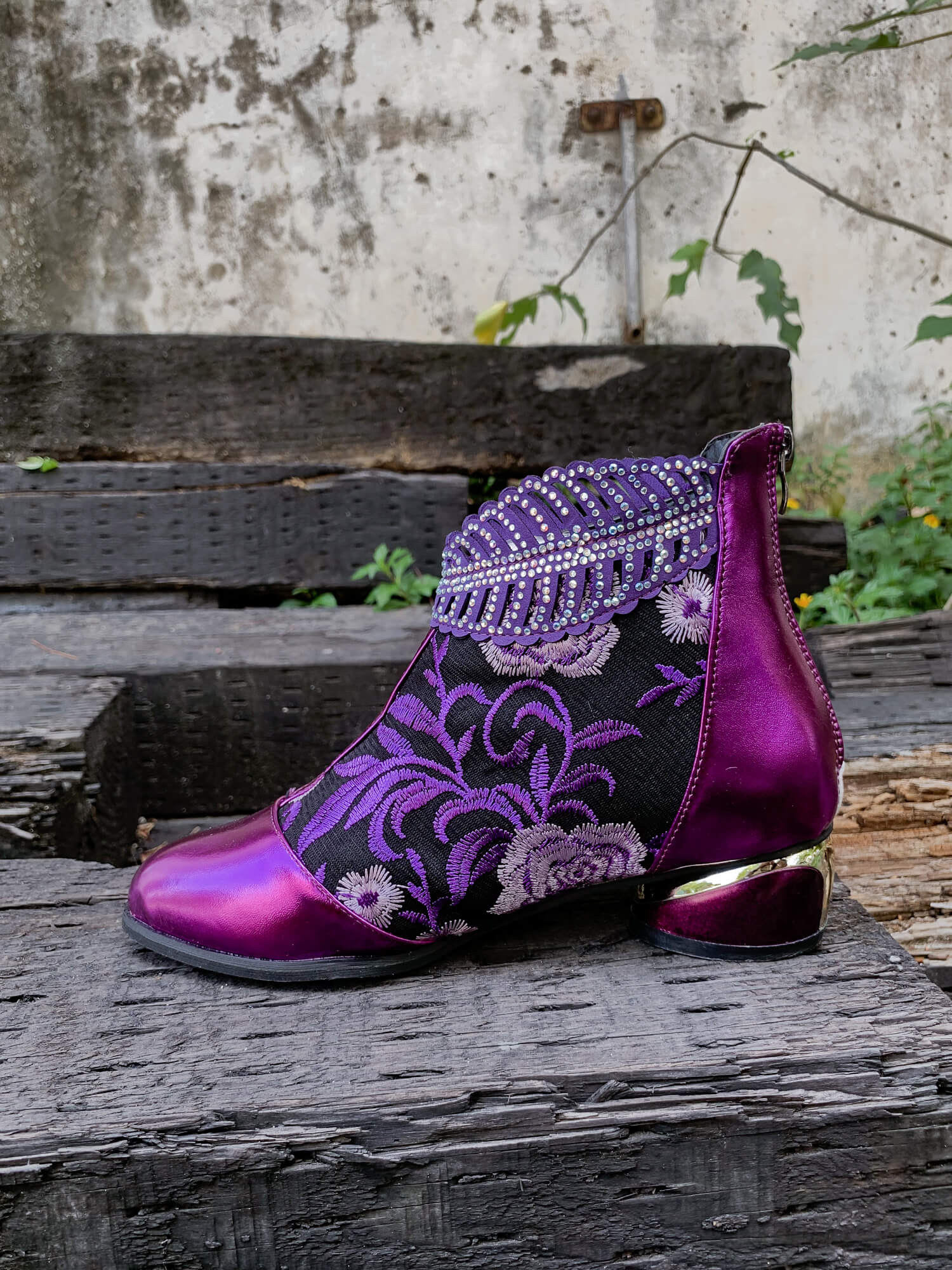 En Bloom | Rhinestone Ankle Floral-Embroidered Boot - Purple