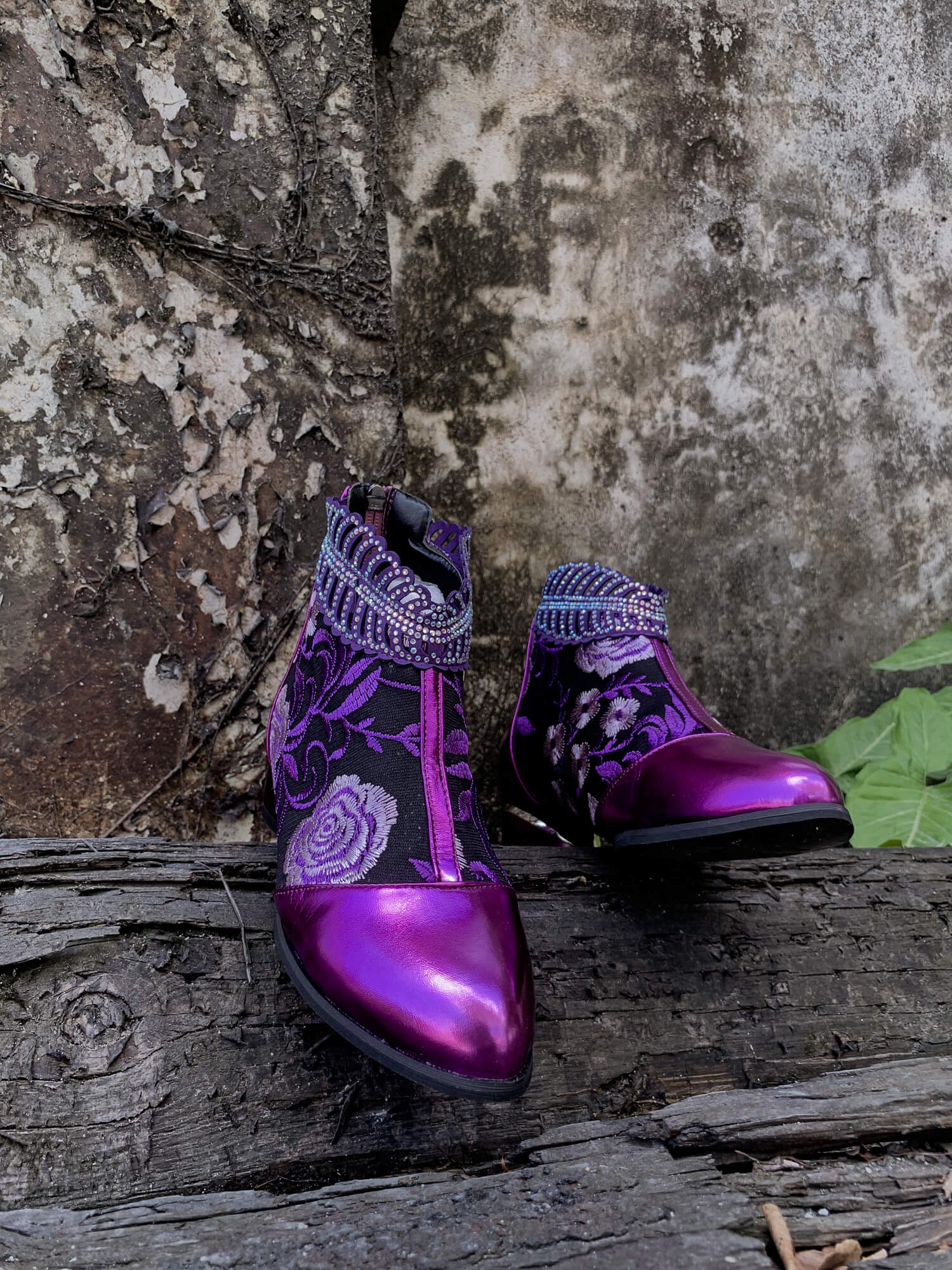 En Bloom | Rhinestone Ankle Floral-Embroidered Boot - Purple