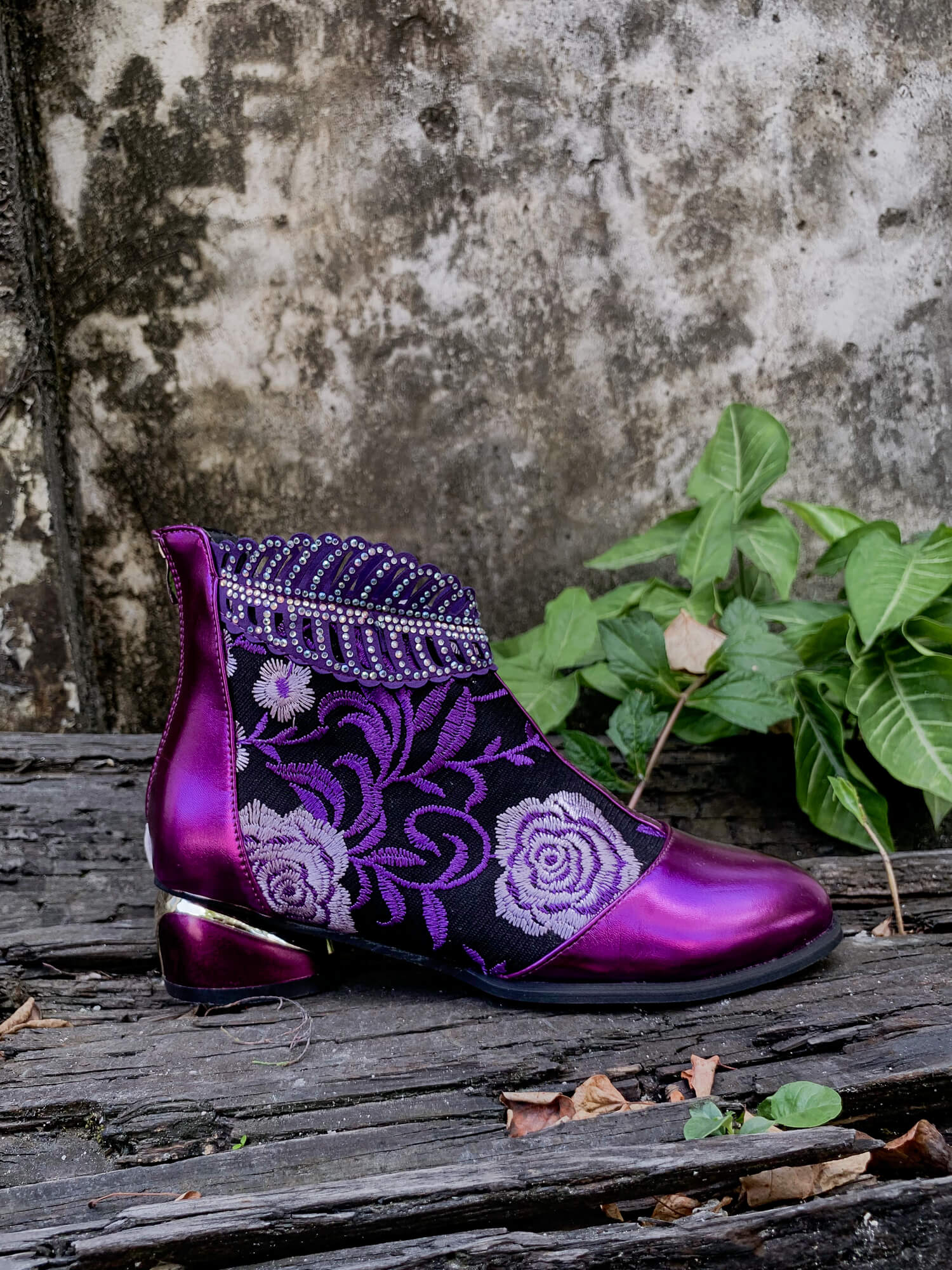 En Bloom | Rhinestone Ankle Floral-Embroidered Boot - Purple