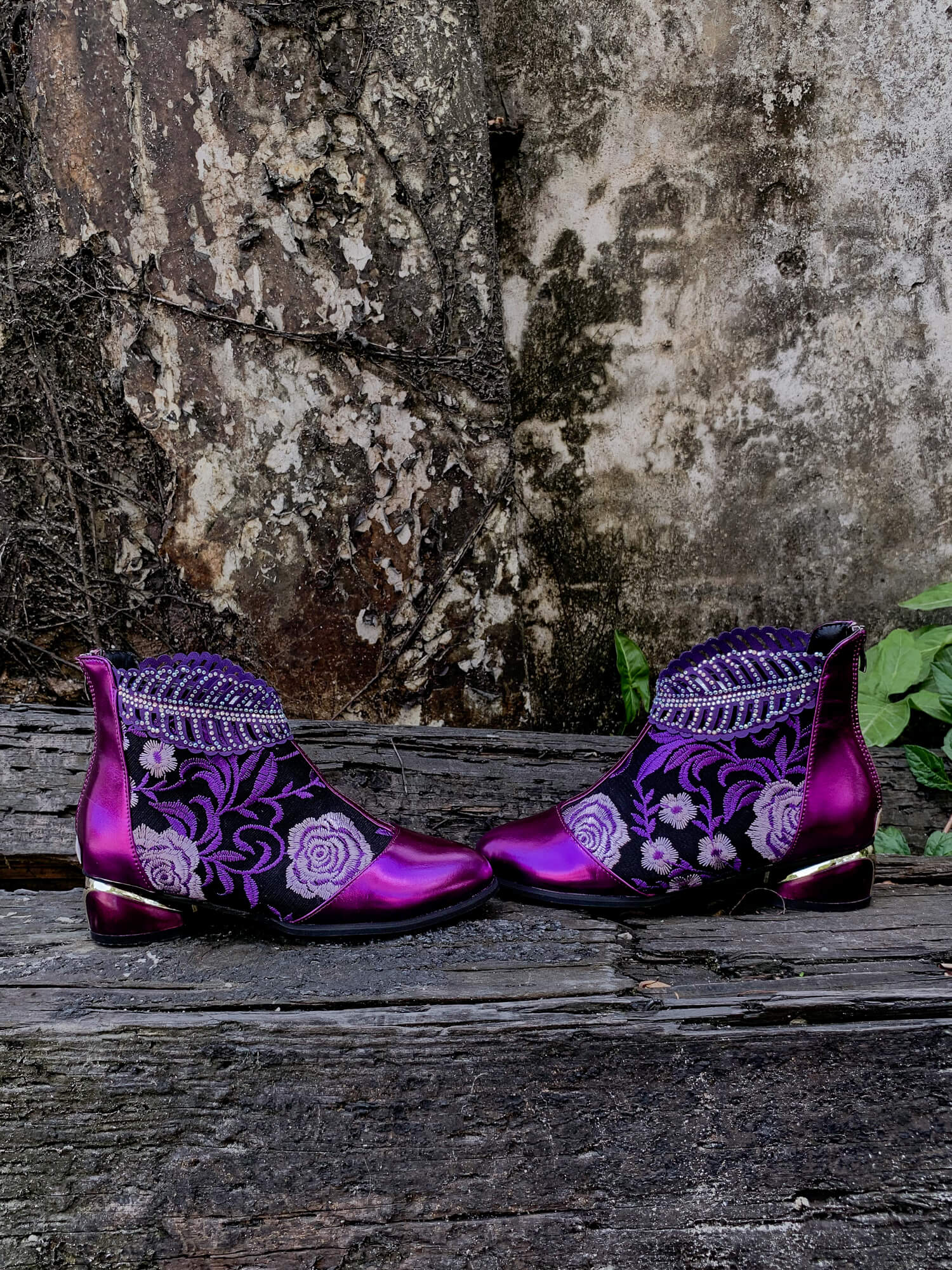 En Bloom | Rhinestone Ankle Floral-Embroidered Boot - Purple