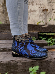 En Bloom | Rhinestone Ankle Floral-Embroidered Boot - Blue