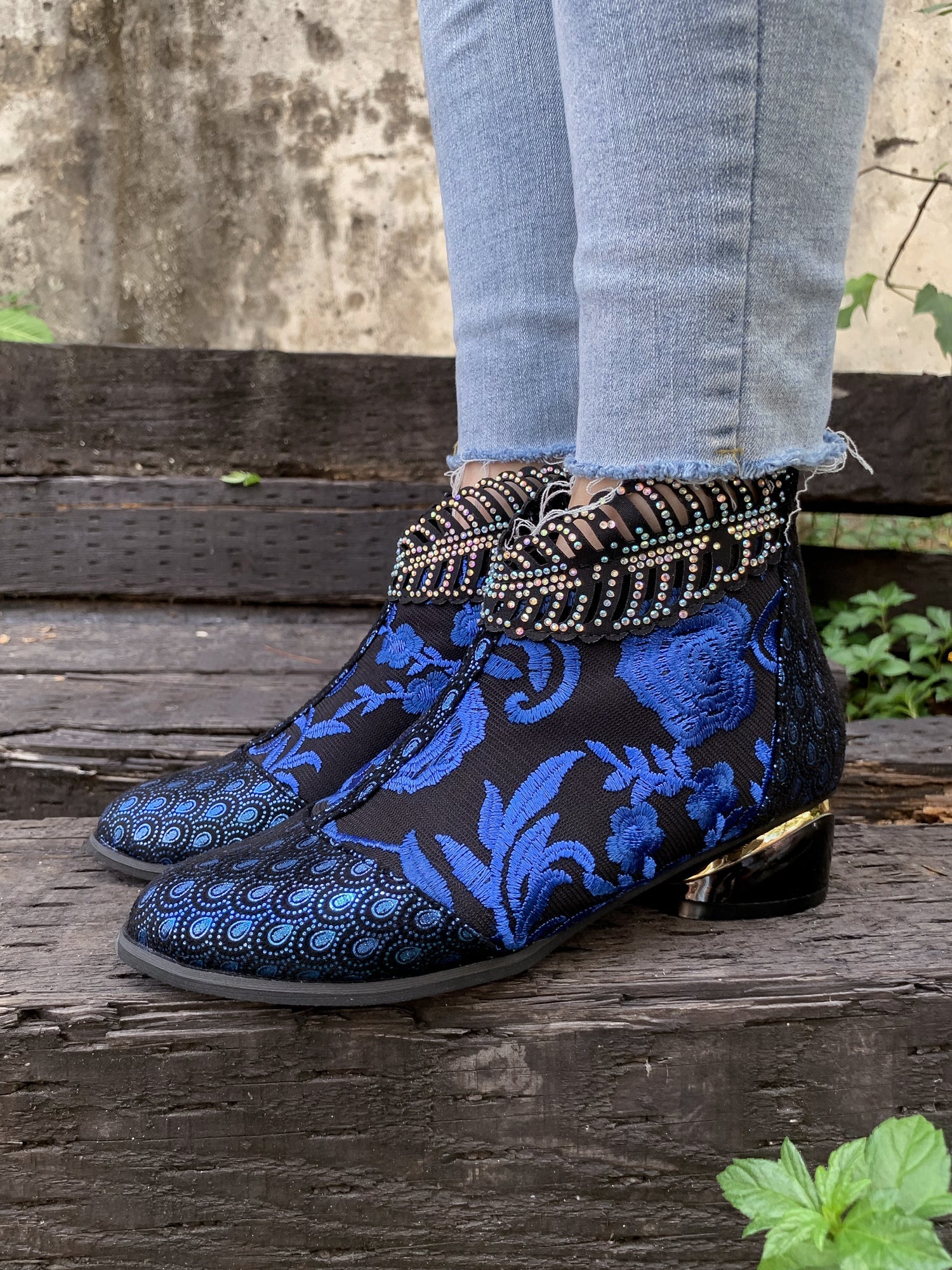 En Bloom | Rhinestone Ankle Floral-Embroidered Boot - Blue