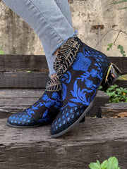 En Bloom | Rhinestone Ankle Floral-Embroidered Boot - Blue