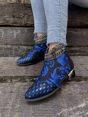 En Bloom | Rhinestone Ankle Floral-Embroidered Boot - Blue