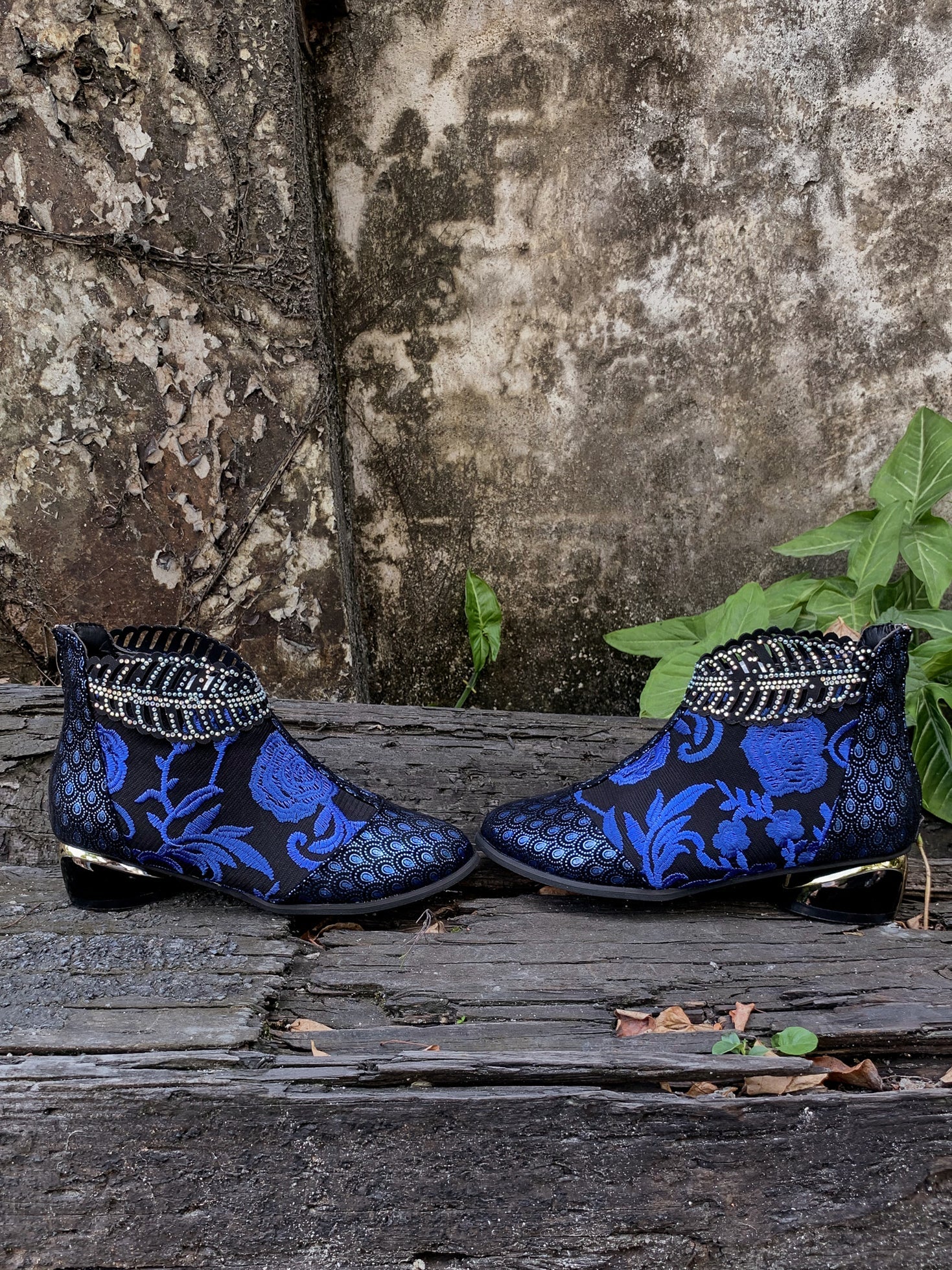 En Bloom | Rhinestone Ankle Floral-Embroidered Boot - Blue