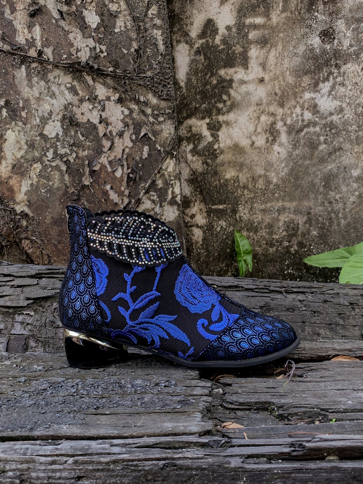 En Bloom | Rhinestone Ankle Floral-Embroidered Boot - Blue