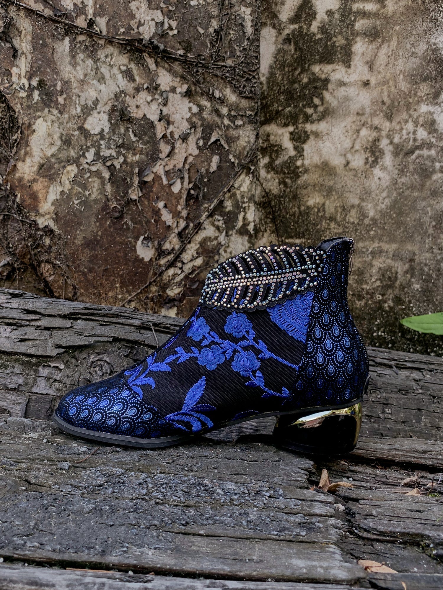 En Bloom | Rhinestone Ankle Floral-Embroidered Boot - Blue