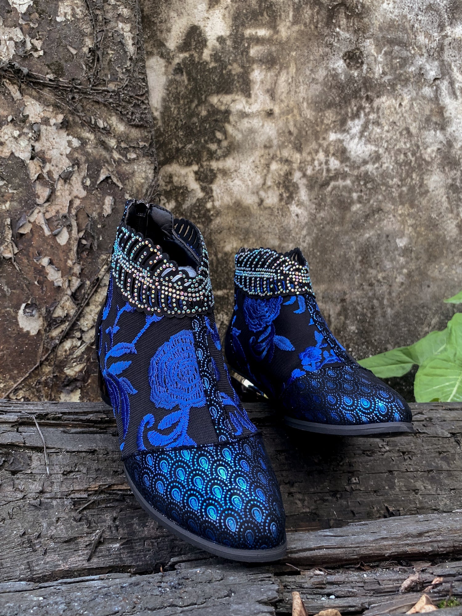 En Bloom | Rhinestone Ankle Floral-Embroidered Boot - Blue