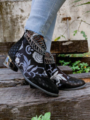 En Bloom | Rhinestone Ankle Floral-Embroidered Boot - Black