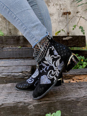 En Bloom | Rhinestone Ankle Floral-Embroidered Boot - Black