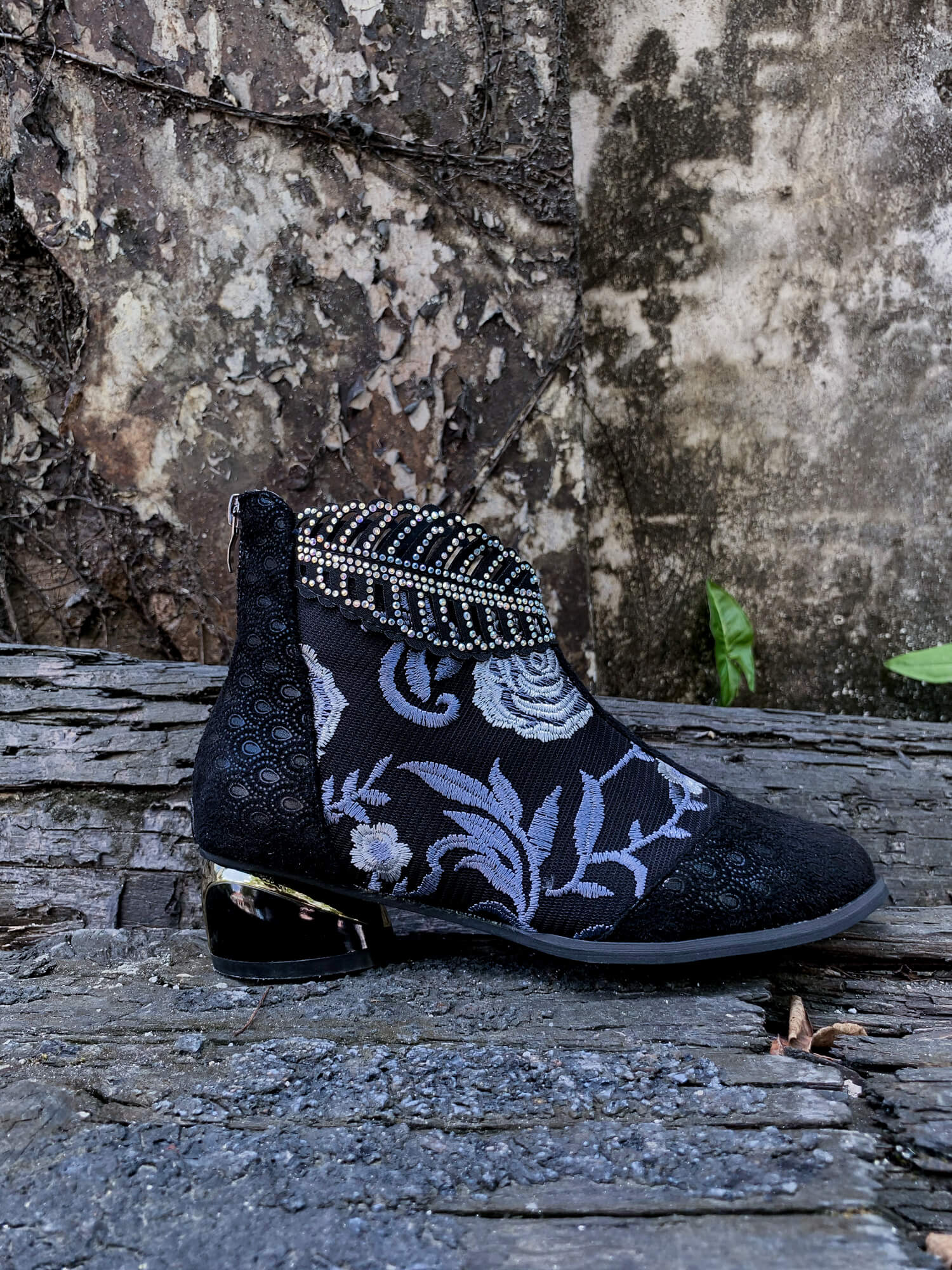 En Bloom | Rhinestone Ankle Floral-Embroidered Boot - Black