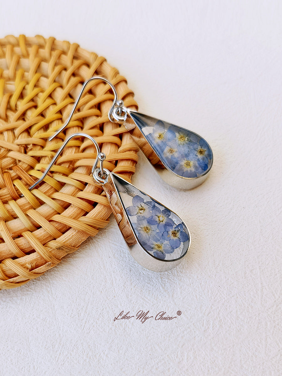 Pressed Flower Earrings -  Water Drop Forget Me Not Flower