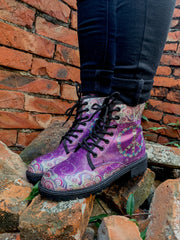 En Bloom | Tibet Art Purple Ankle Flat Combat Boots