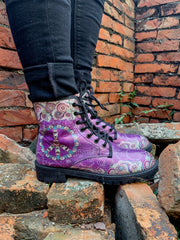 En Bloom | Tibet Art Purple Ankle Flat Combat Boots