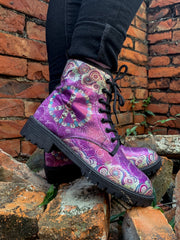 En Bloom | Tibet Art Purple Ankle Flat Combat Boots