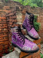 En Bloom | Tibet Art Purple Ankle Flat Combat Boots