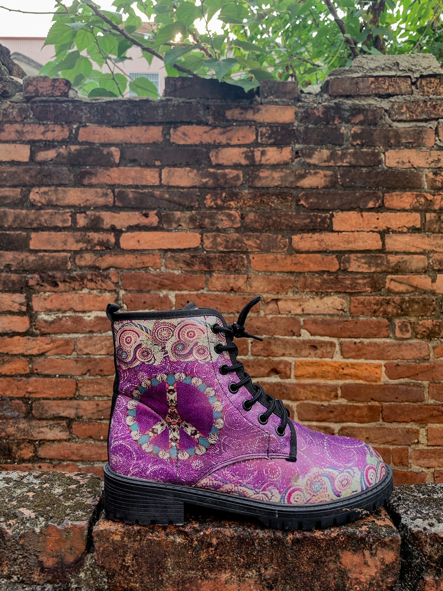 En Bloom | Tibet Art Purple Ankle Flat Combat Boots