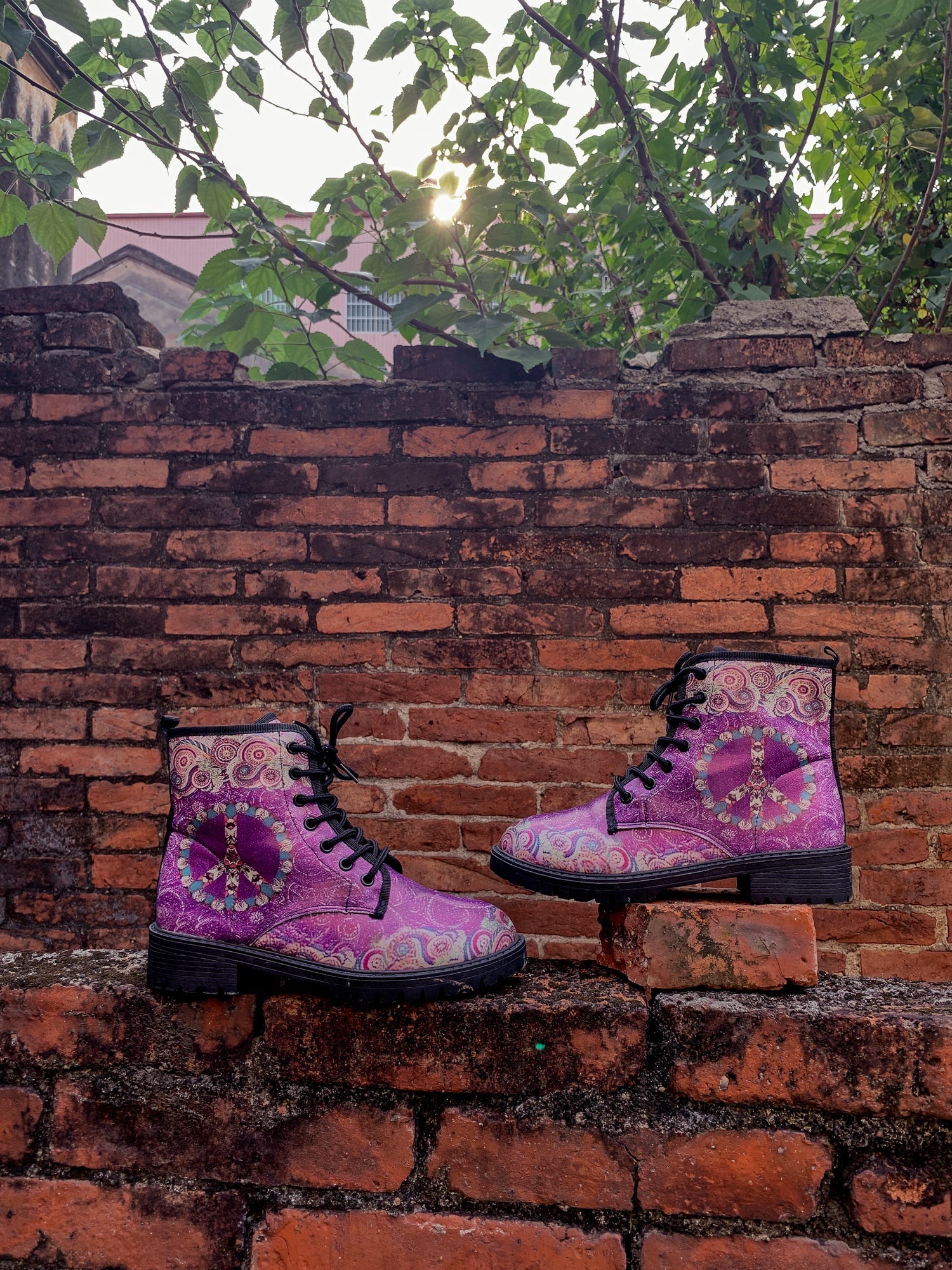 En Bloom | Tibet Art Purple Ankle Flat Combat Boots