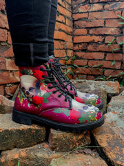 En Bloom | Skull-Rose Red Ankle Flat Combat Boots