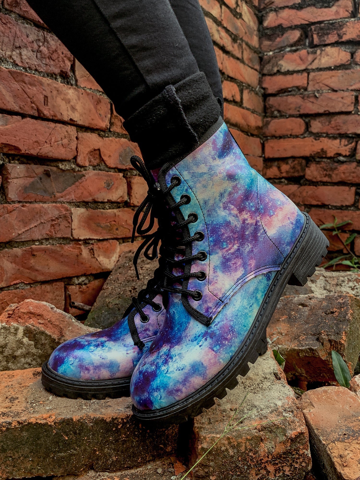 En Bloom | Blue Galaxy Space Lace Up Combat Boots