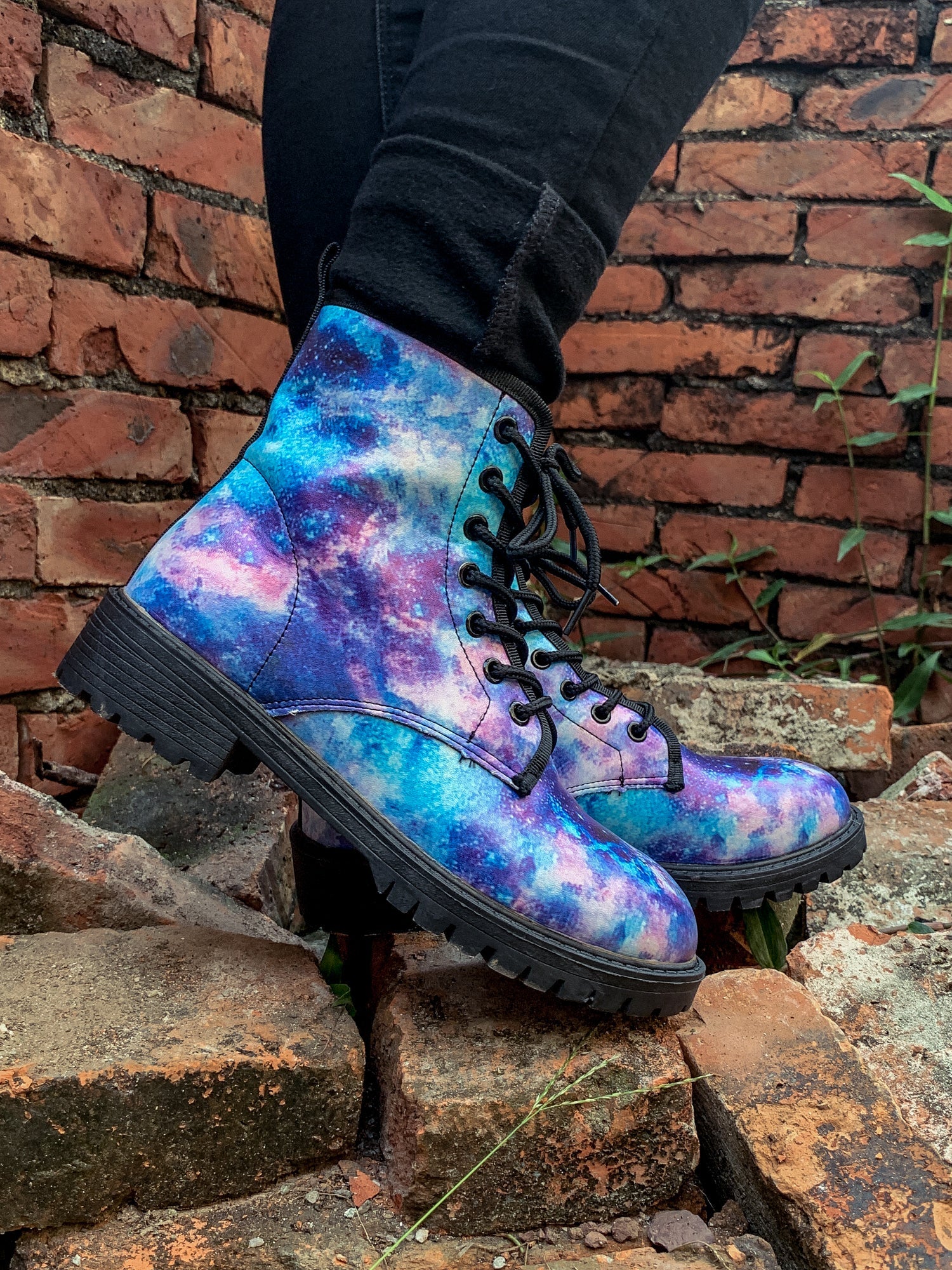 En Bloom | Blue Galaxy Space Lace Up Combat Boots