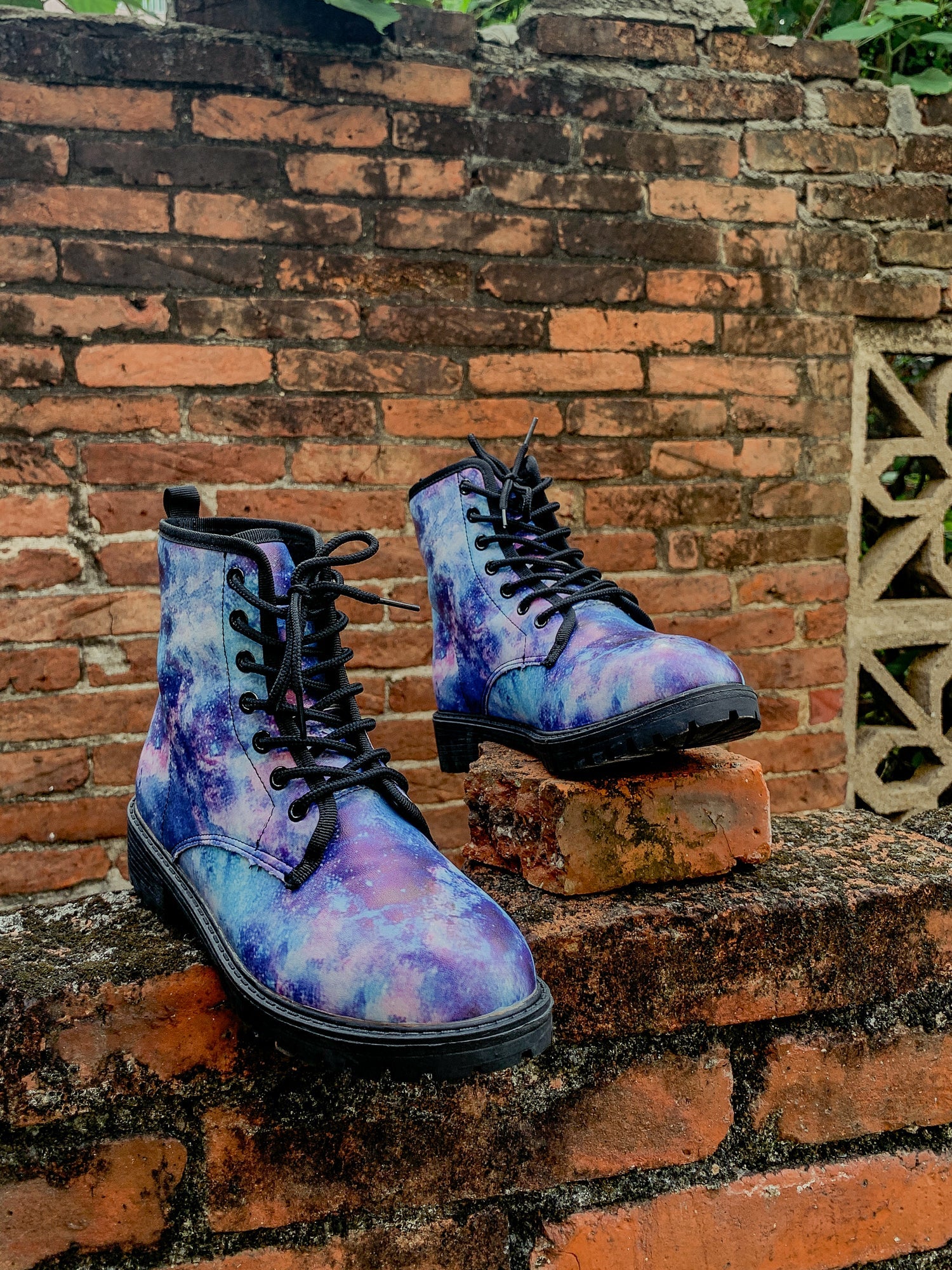 En Bloom | Blue Galaxy Space Lace Up Combat Boots