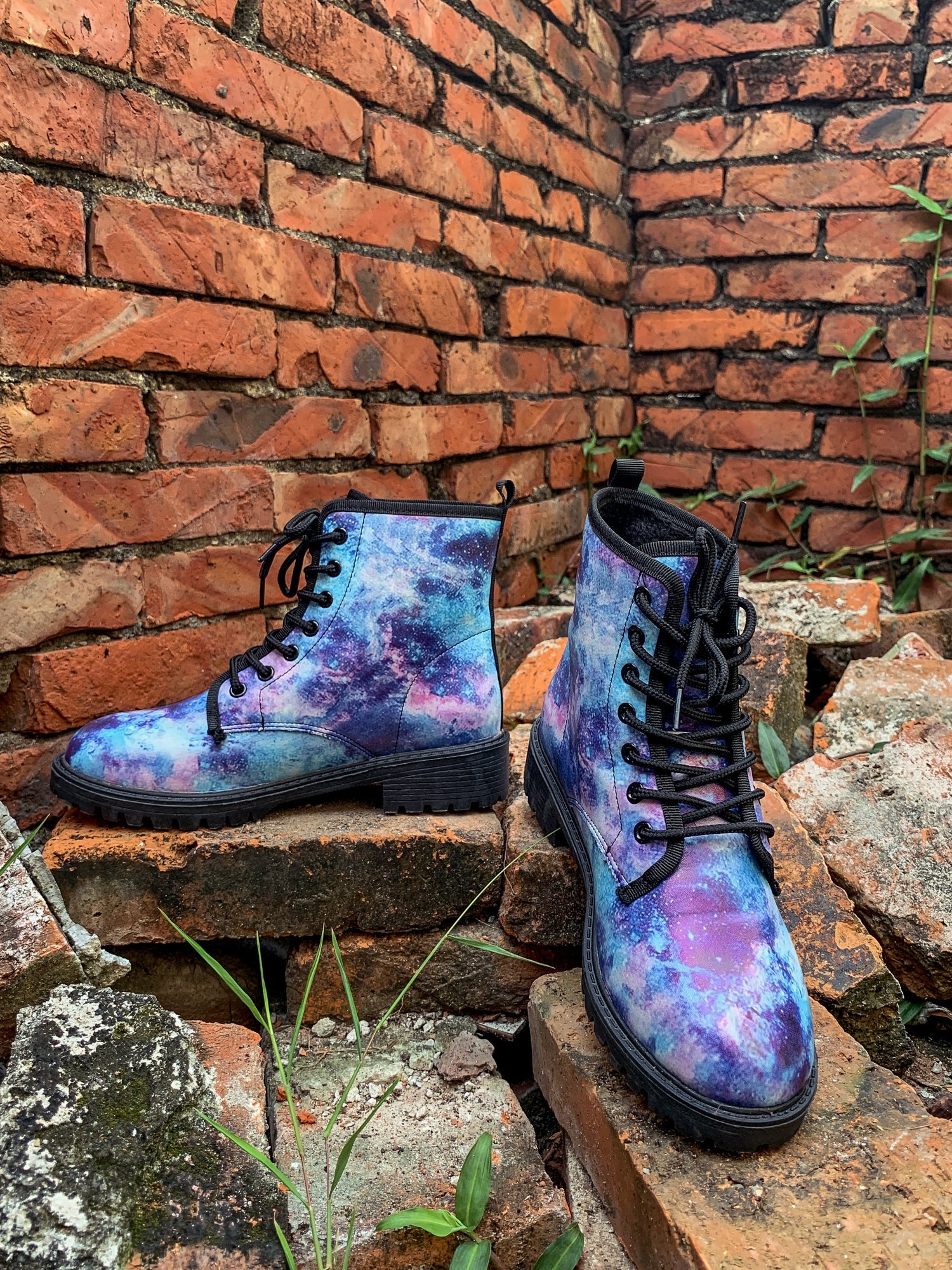 En Bloom | Blue Galaxy Space Lace Up Combat Boots