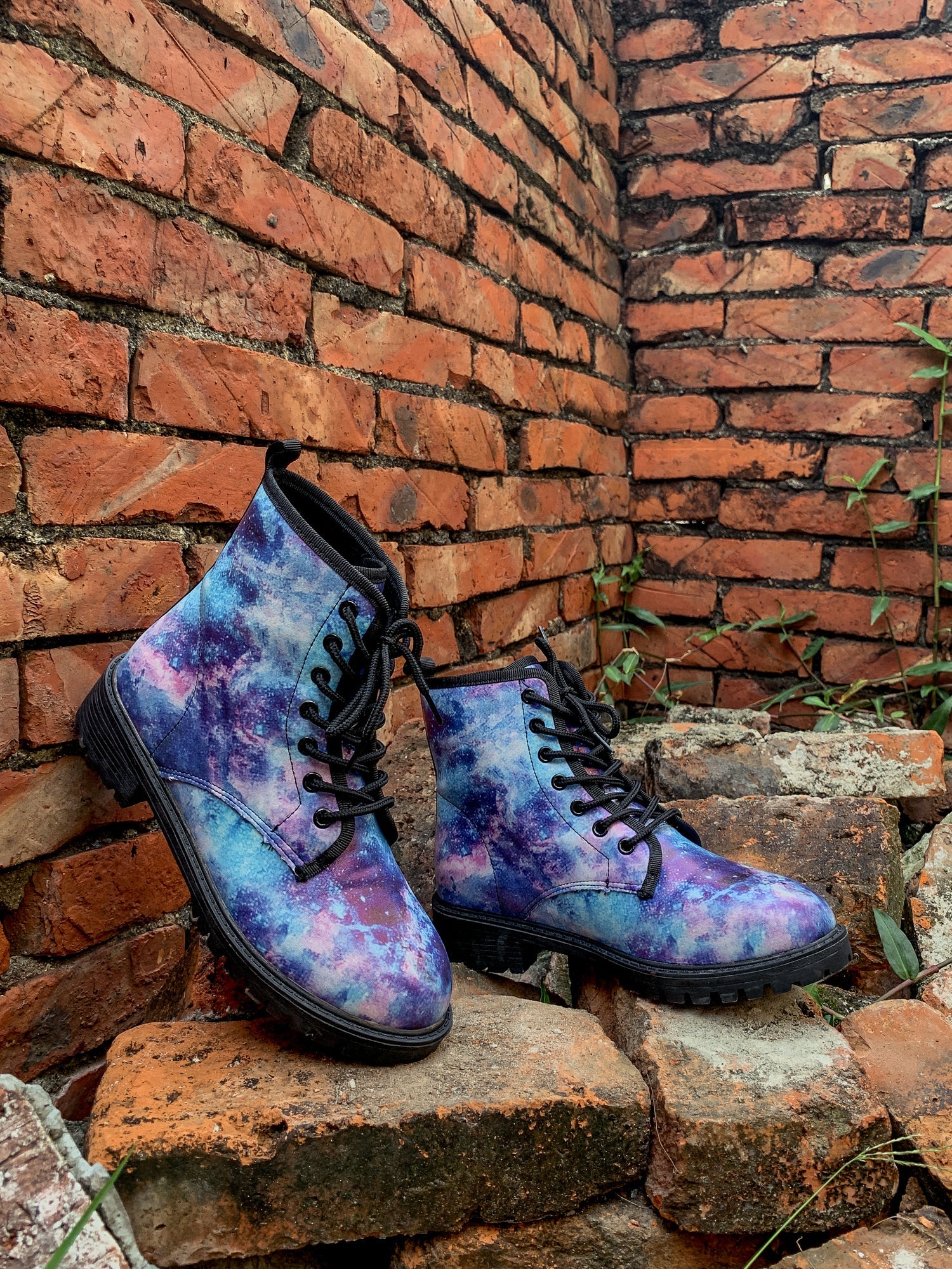 En Bloom | Blue Galaxy Space Lace Up Combat Boots