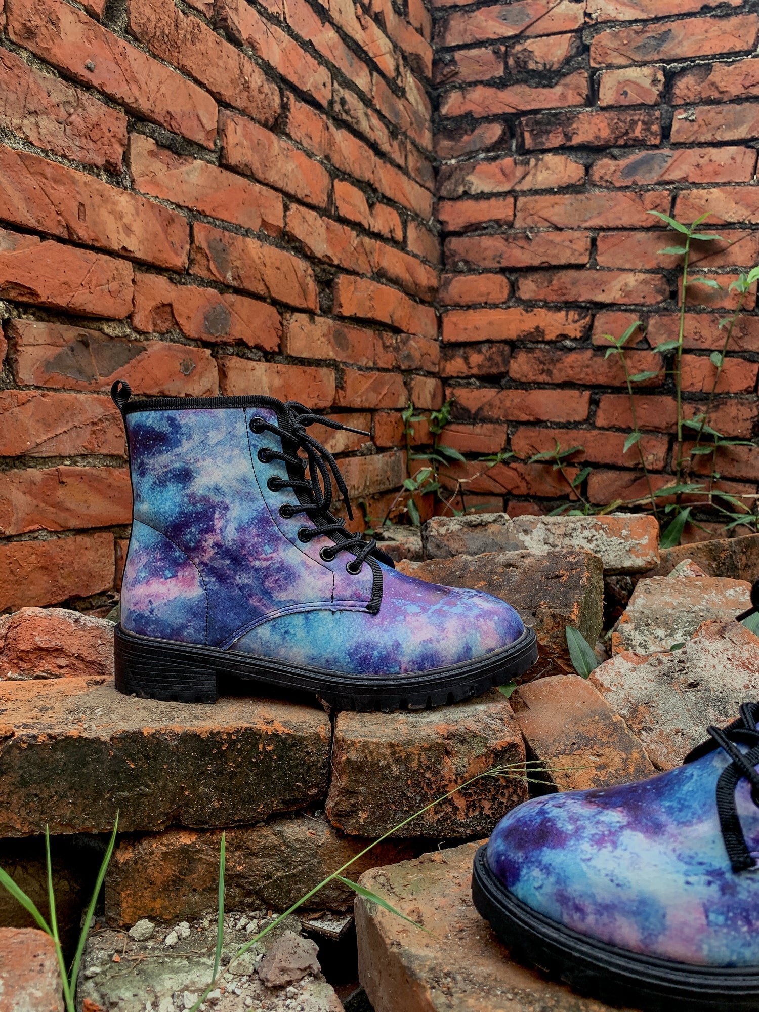 En Bloom | Blue Galaxy Space Lace Up Combat Boots