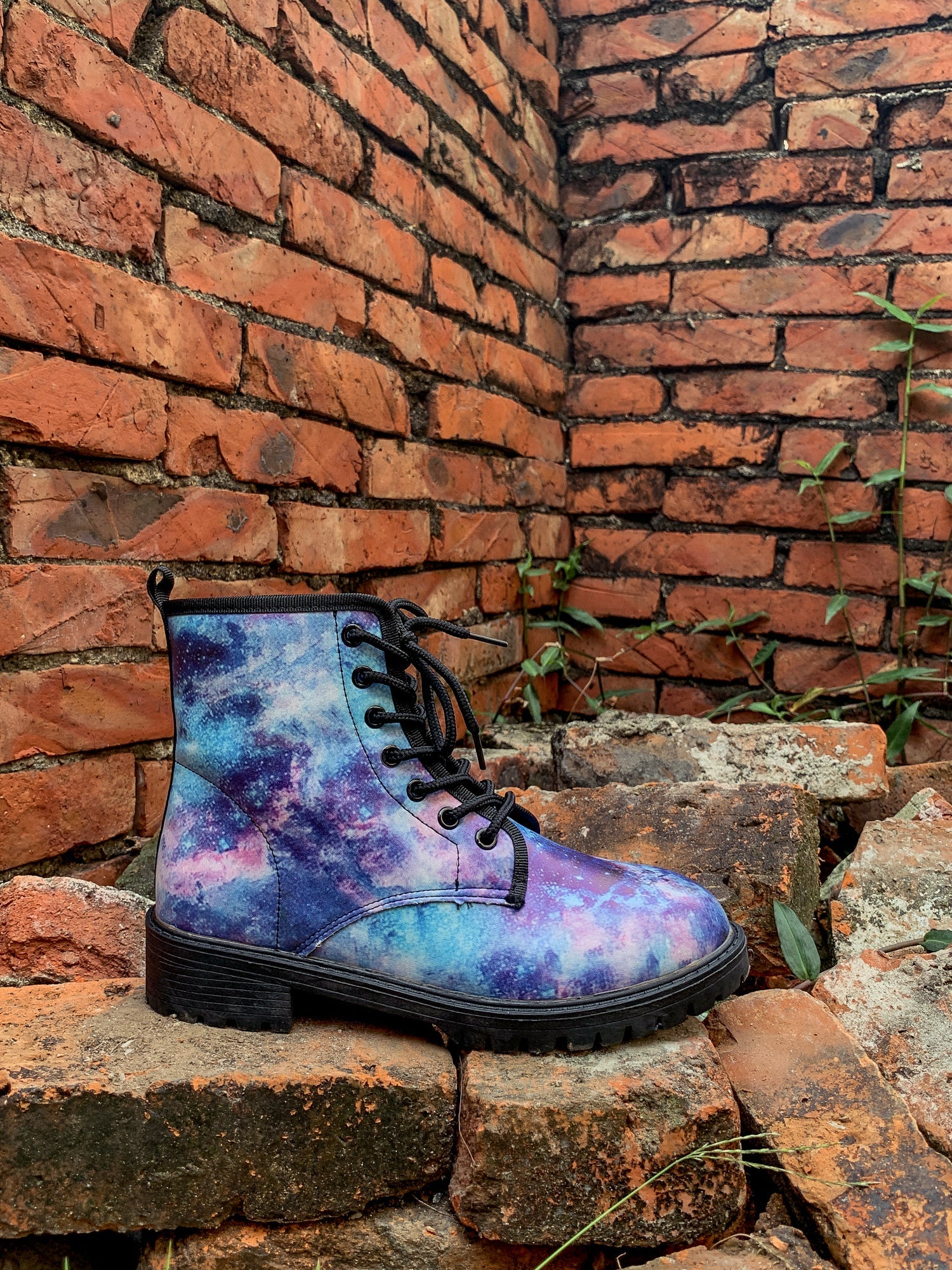 En Bloom | Blue Galaxy Space Lace Up Combat Boots