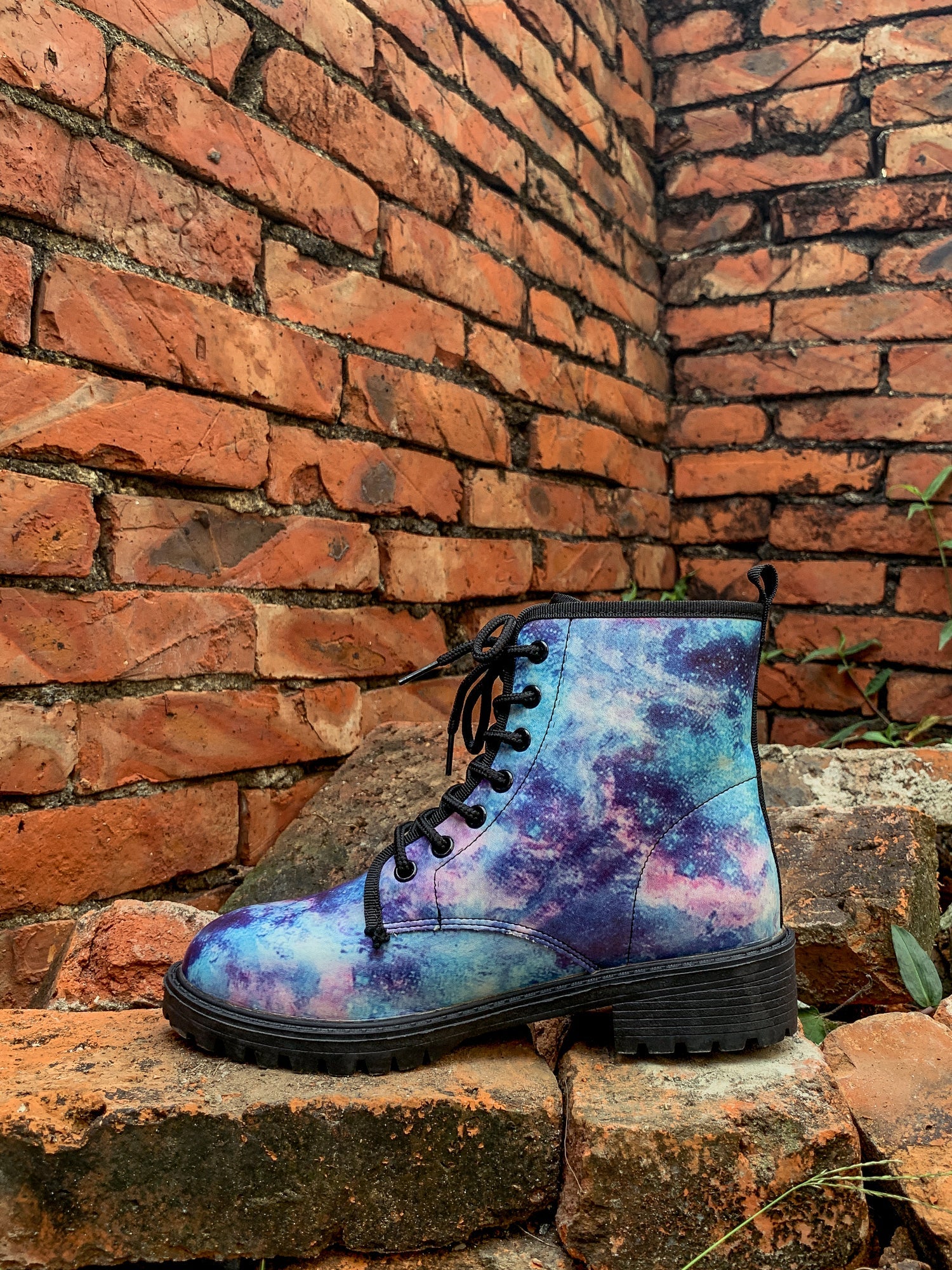 En Bloom | Blue Galaxy Space Lace Up Combat Boots