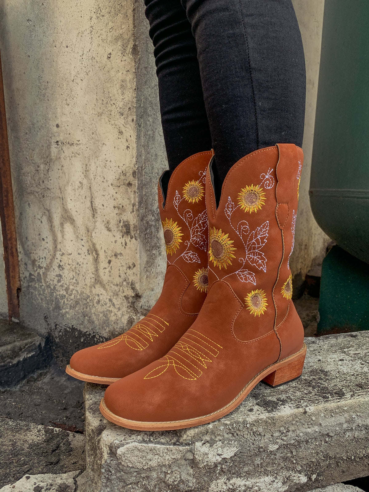 En Bloom | Orange Sunflower Embroidered Knee Cowboy Boots