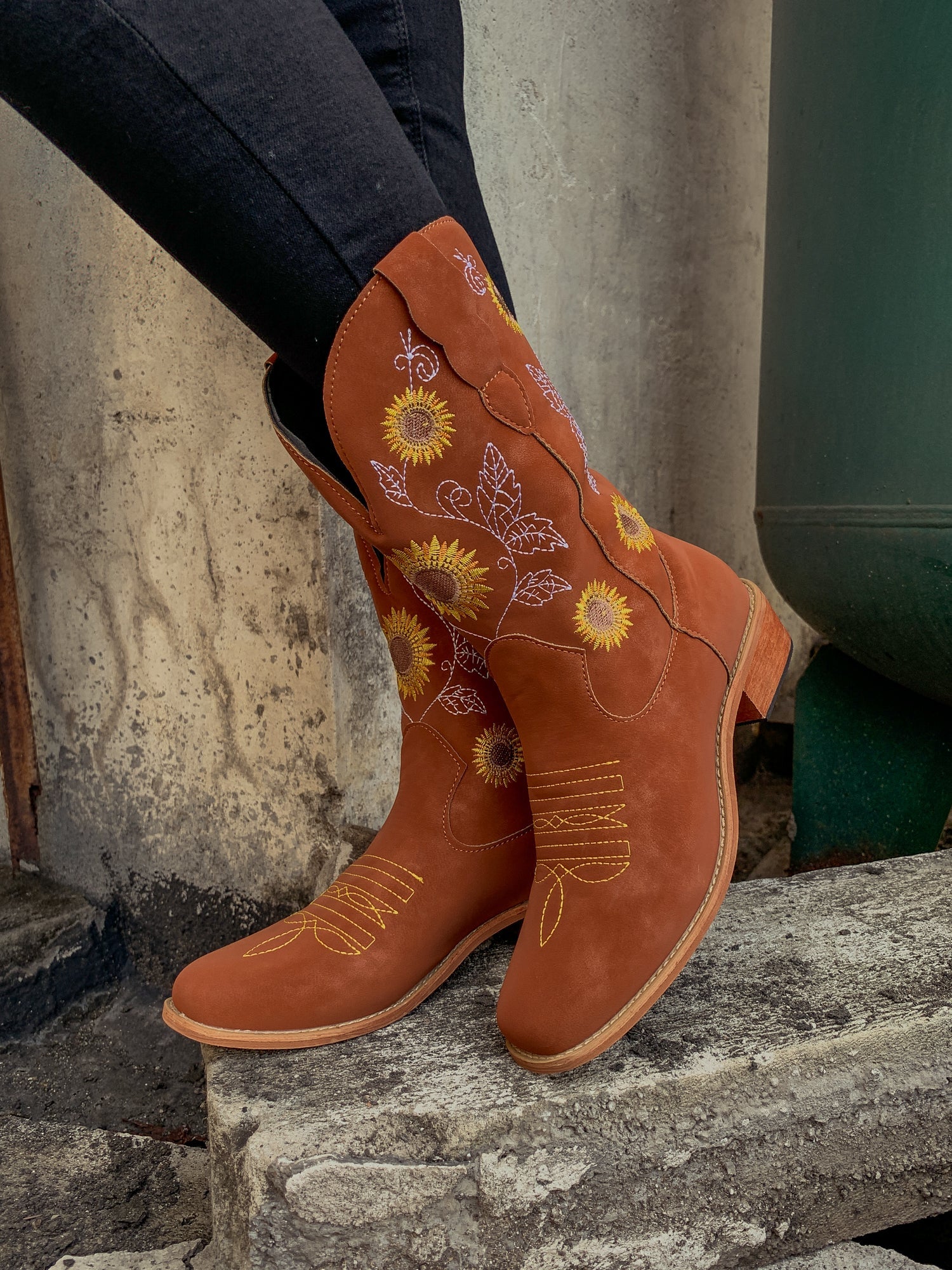 En Bloom | Orange Sunflower Embroidered Knee Cowboy Boots