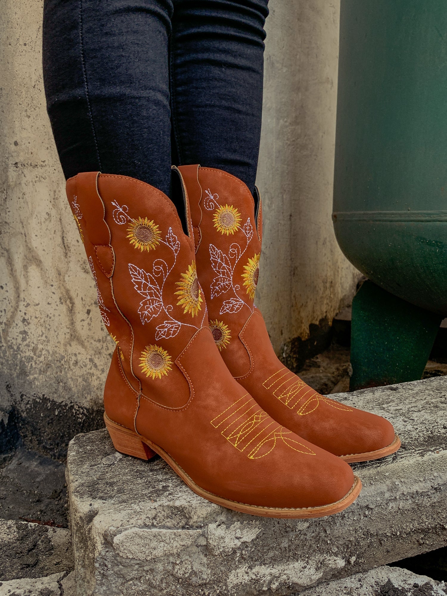 En Bloom | Orange Sunflower Embroidered Knee Cowboy Boots