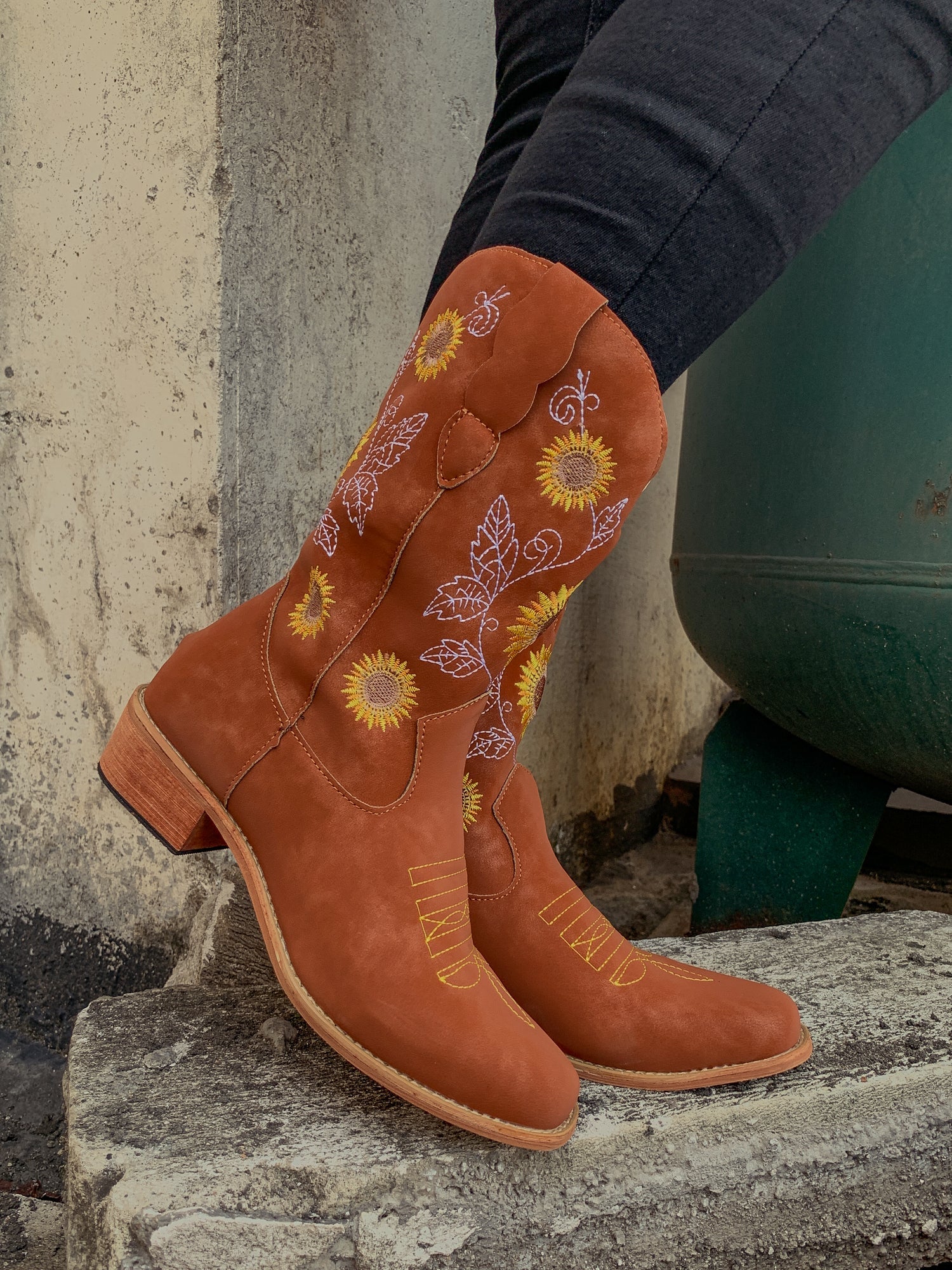 En Bloom | Orange Sunflower Embroidered Knee Cowboy Boots