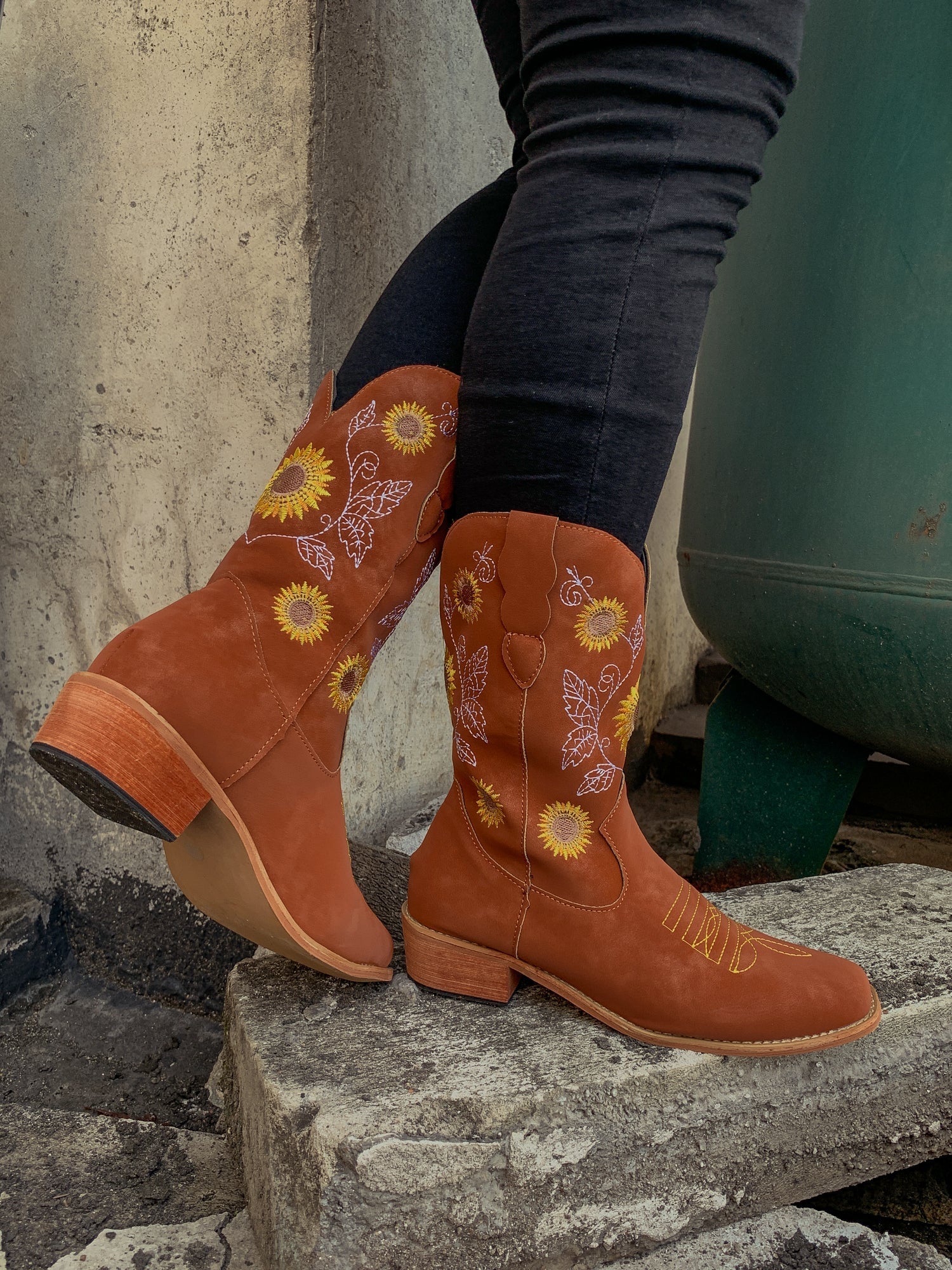 En Bloom | Orange Sunflower Embroidered Knee Cowboy Boots