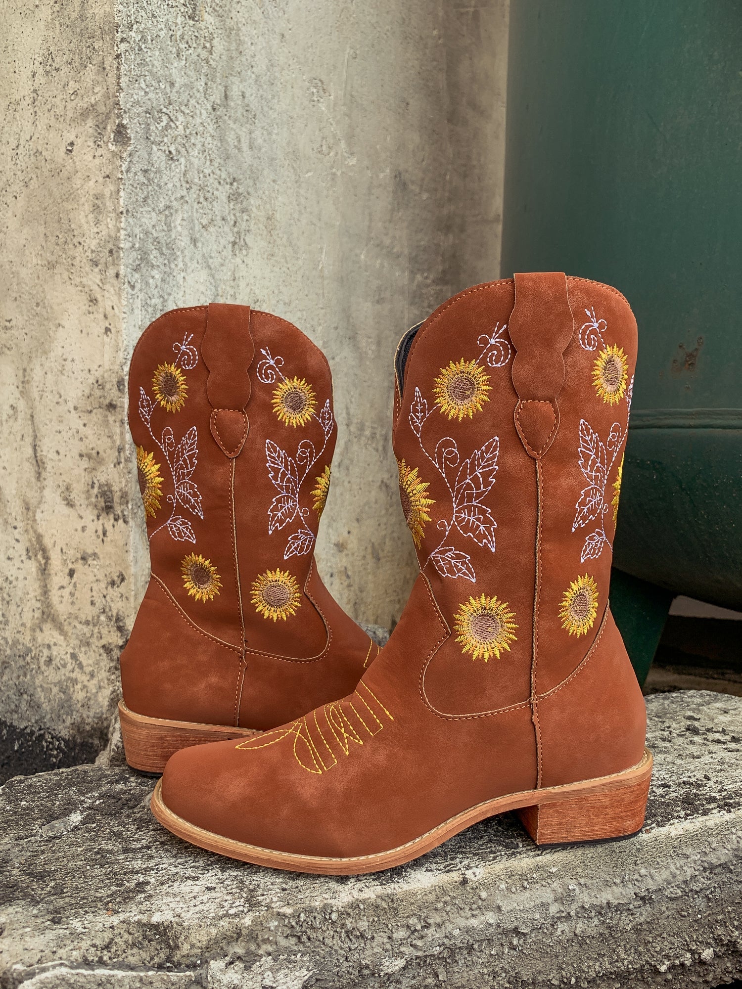 En Bloom | Orange Sunflower Embroidered Knee Cowboy Boots