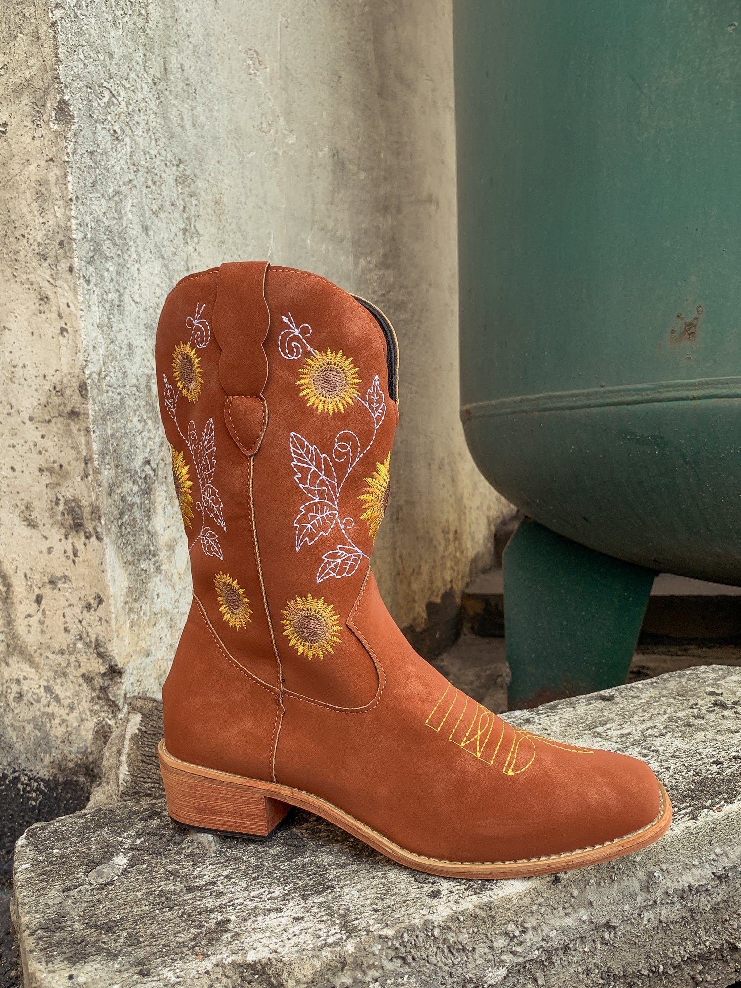 En Bloom | Orange Sunflower Embroidered Knee Cowboy Boots