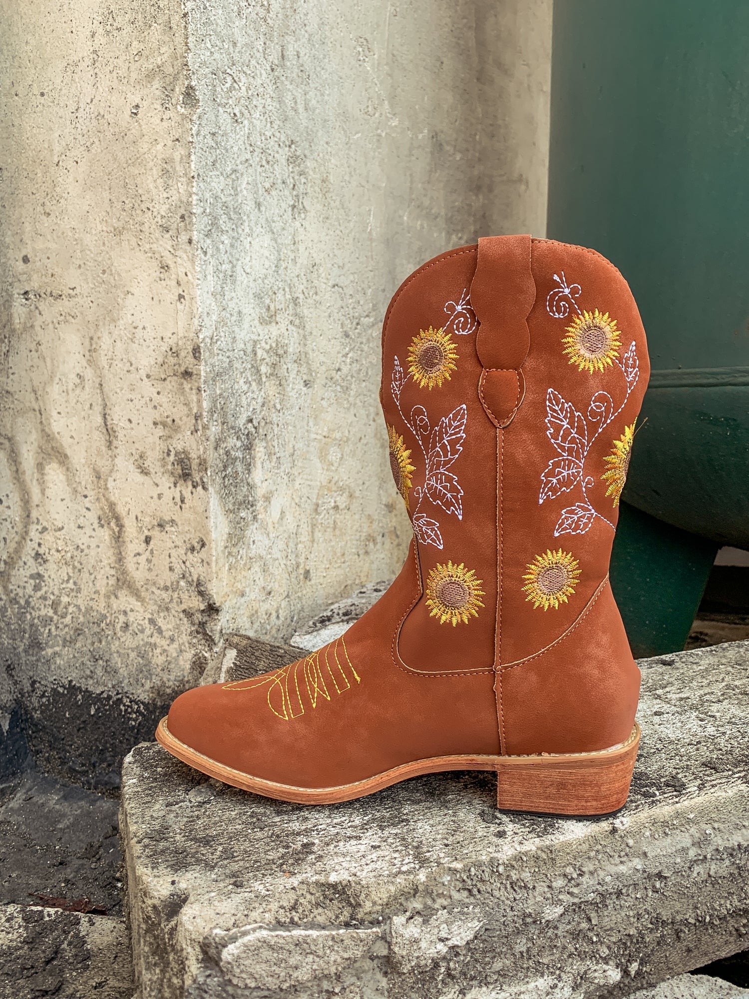 En Bloom | Orange Sunflower Embroidered Knee Cowboy Boots